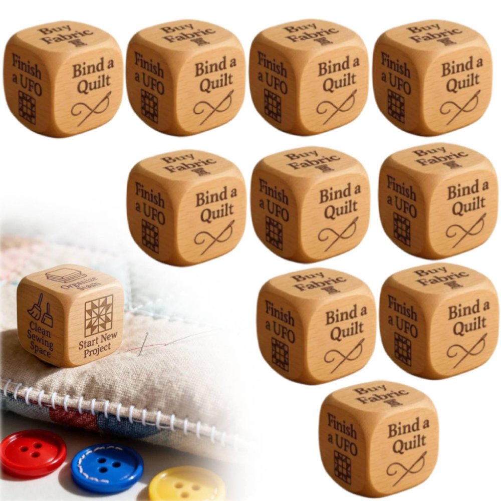 10x Quilters Dice, Handmade Wooden Quilting Decision Dice with 6 Engraved Sewing Tasks, Fun Practical Tool Engraved Prompts, DIY Creative Gift for Quilters & Craft Lovers to Spark Sewing Inspiration