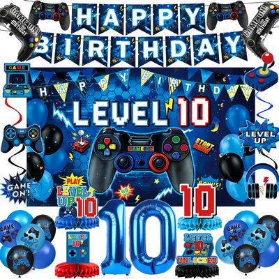 10th Birthday Decorations for Boys, Blue Video Game Party Decorations, Level 10 Backdrop, Banner, Hanging Swirls, Honeycomb Centerpieces, Foil & Latex Balloons for 10 Years Old Boy Birthday Decor