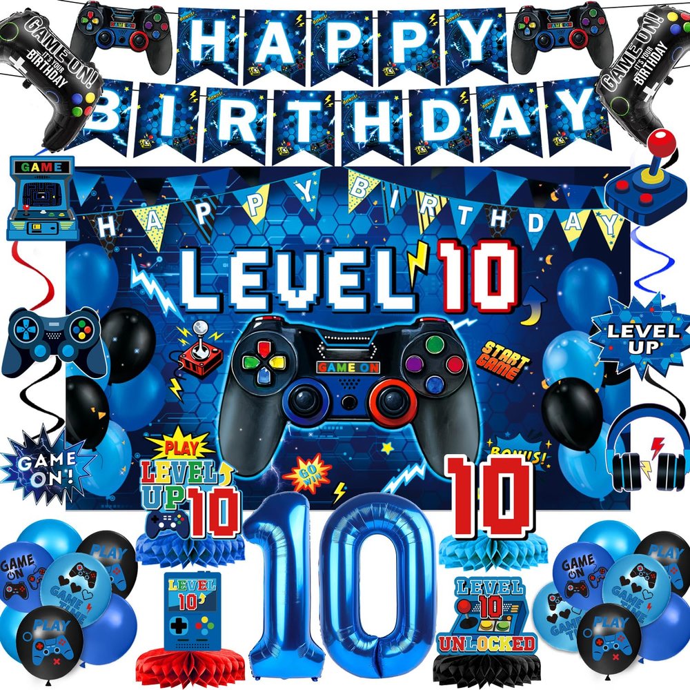 10th Birthday Decorations for Boys, Blue Video Game Party Decorations, Level 10 Backdrop, Banner, Hanging Swirls, Honeycomb Centerpieces, Foil & Latex Balloons for 10 Years Old Boy Birthday Decor