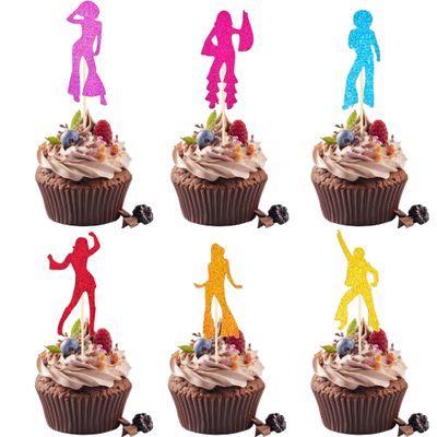 12Pcs Disco Theme Cupcake Topper Glitter Dancing Queen Colorful Cake Toppers 70s Disco Dancing Cupcake Toppers - for Disco Men&Women Parties, Music Themed Birthday & Wedding Party Cake Decorations.