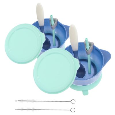 Totority 2 Sets Suction Bowls with Lids and Spoon Unbreakable Feeding Bowls Microwave Safe PP Material Easy to Wash Turquoise Cartoon Design for Boy Girl