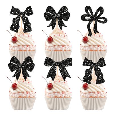 12PCS Black Bow Cupcake Toppers, Cupcake Decorations, 4 Types of Glitter Paper Bow Cake Decorations, Trendy Cupcake Decor for Party Dessert