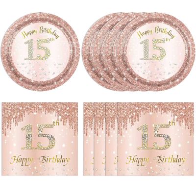 15th Birthday Decorations for Girls,15th Birthday Plates and Napkins,Rose Gold 15 Year Old Birthday Tableware 15 Party Table Decorations Supplies,Disposable 7'' Paper Plates, Napkins for Teen Party