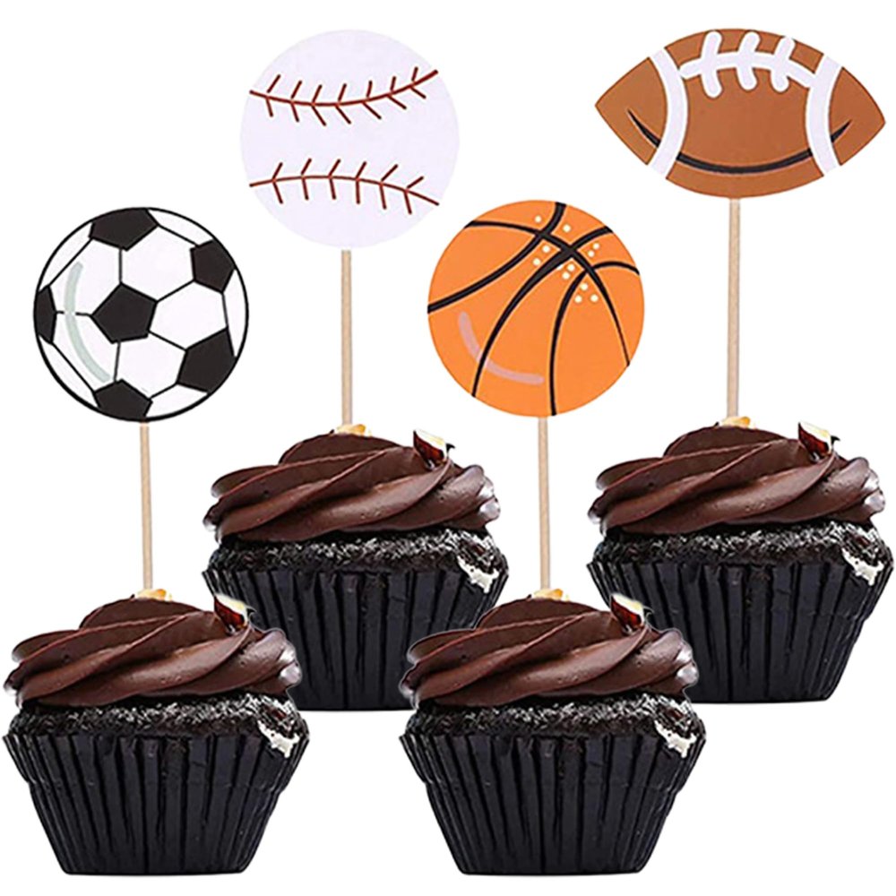 12PCS Sports Cupcake Toppers, Football/Basketball/Baseball/Rugby Cupcake Topper Set, Sports Themed Birthday Party Dessert Decorations