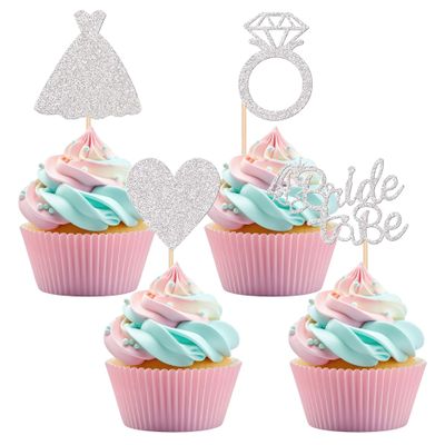 12PCS Silver Glitter Bride to Be Cupcake Topper Set, Wedding Cake Decors, No Assembly Bridal Shower and Bachelorette Party Cupcake Decorations
