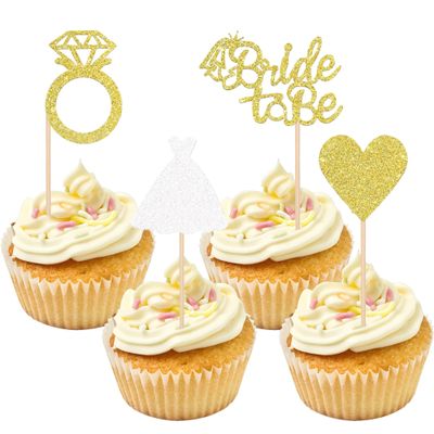 12PCS Gold & White Glitter Bride to Be Cupcake Toppers, Luxury Wedding Dress Diamond Ring Cupcake Toppers, No Assembly Bridal Shower Cake Decor Set