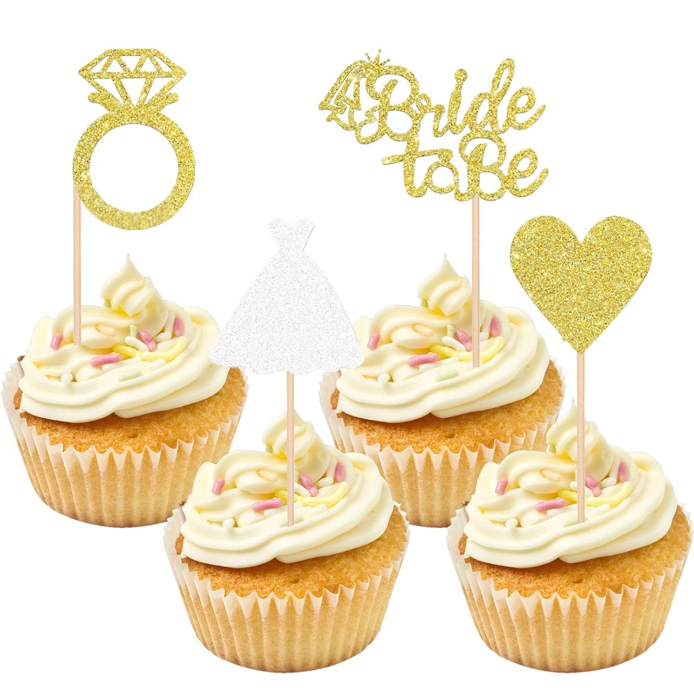 12PCS Gold & White Glitter Bride to Be Cupcake Toppers, Luxury Wedding Dress Diamond Ring Cupcake Toppers, No Assembly Bridal Shower Cake Decor Set
