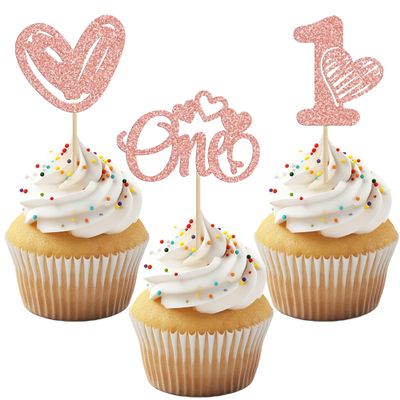 12PCS Rose Gold 1st Birthday Cake Topper Set, Heart-Shaped Cupcake Decors, Cake Decoration for Baby's First Birthday Party