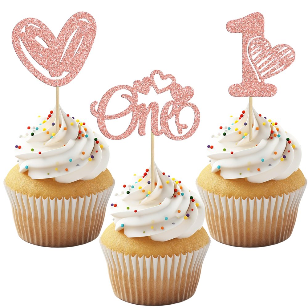 12PCS Rose Gold 1st Birthday Cake Topper Set, Heart-Shaped Cupcake Decors, Cake Decoration for Baby's First Birthday Party