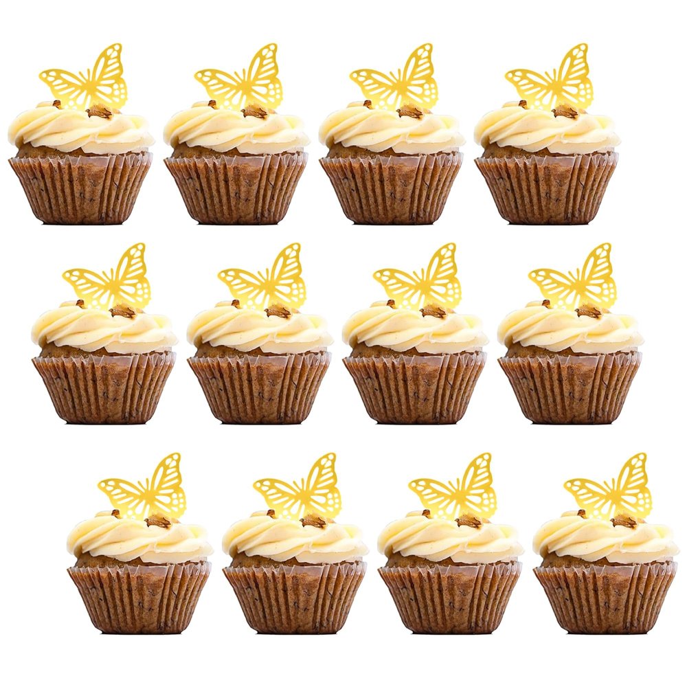 12PCS 3D Golden Paper Butterfly Cupcake Toppers, Exquisite Butterfly Cake Decorations, wedding & birthday party Decoration