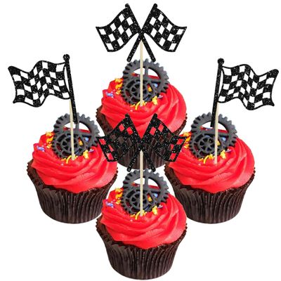 12PCS Racing Cake Toppers Set, Black & White Checkered Flag Cupcake Decors, Cake Decoration for Racing-Themed Party
