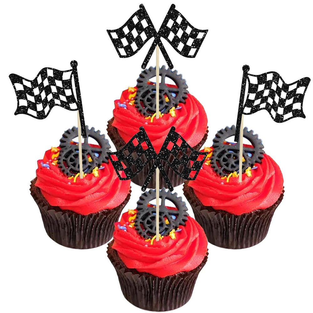 12PCS Racing Cake Toppers Set, Black & White Checkered Flag Cupcake Decors, Cake Decoration for Racing-Themed Party