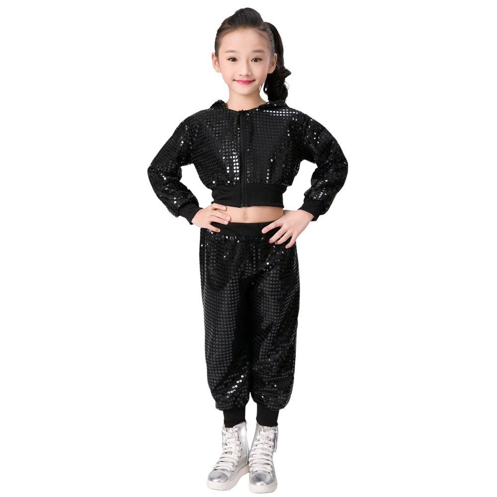 2Pcs Girls Dance Outfits Cropped Sequin Jacket Pants Set, Kids Hip Hop Dance Costumes for 80s 90s (Black, 3-4 Years)