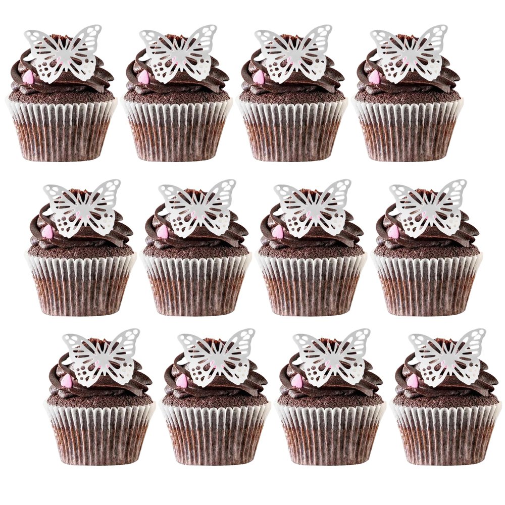 12PCS Silver Paper Butterfly Cupcake Toppers, 3D Butterfly Wedding Birthday Cake Decor, Suitable for Photography Background, Dessert Table and Refrigerator Stickers