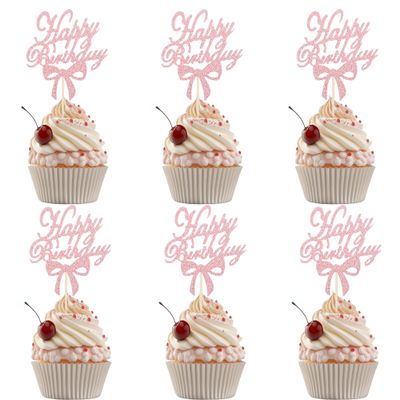 12PCS Rose Gold Happy Birthday Cupcake Toppers Set, Handwritten Font Bow Birthday Cake Toppers, Trendy Girl Birthday Party Cake Decoration