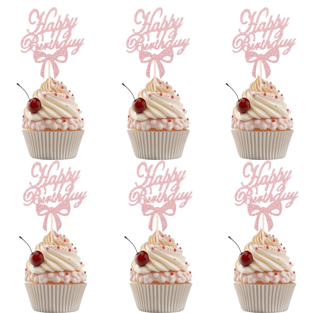 12PCS Rose Gold Happy Birthday Cupcake Toppers Set, Handwritten Font Bow Birthday Cake Toppers, Trendy Girl Birthday Party Cake Decoration