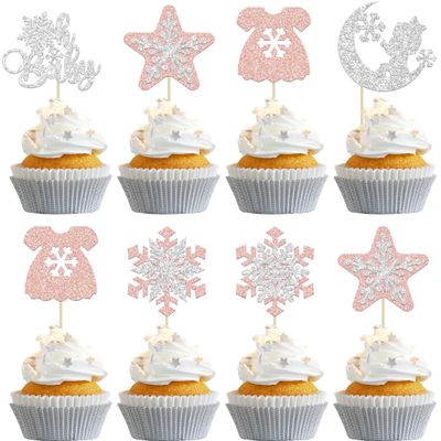 12PCS Glitter Cupcake Toppers, Snowflake, Rose Gold and Sliver Moon & Star Cupcake Decors, Winter-Themed Party Desserts Decoration