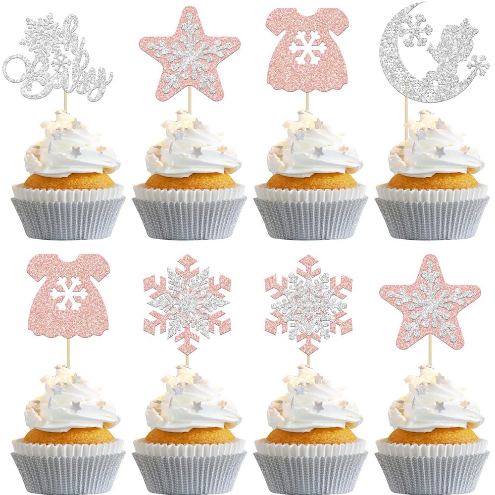 12PCS Glitter Cupcake Toppers, Snowflake, Rose Gold and Sliver Moon & Star Cupcake Decors, Winter-Themed Party Desserts Decoration