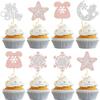 12PCS Glitter Cupcake Toppers, Snowflake, Rose Gold and Sliver Moon & Star Cupcake Decors, Winter-Themed Party Desserts Decoration view 1