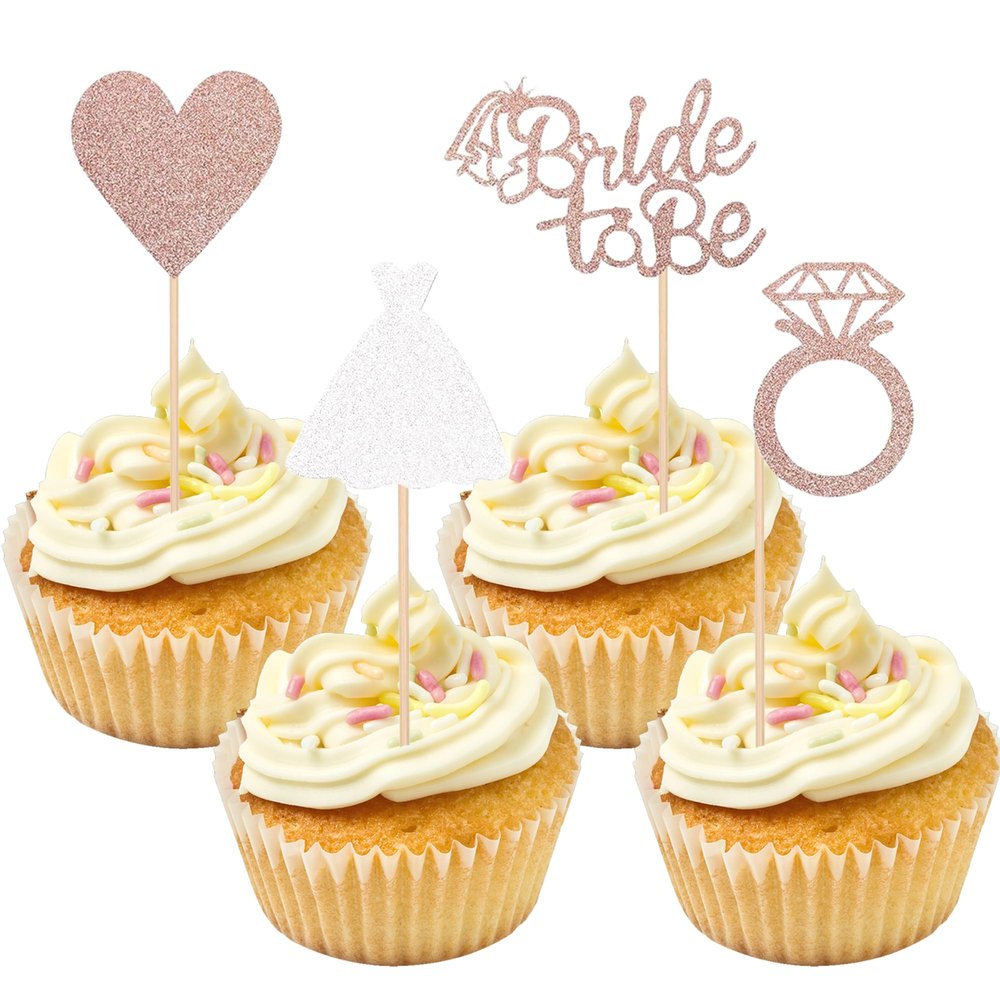 12PCS Rose Gold Glitter Bride to Be Cupcake Decorations, Cupcake Toppers Set with Heart and Ring, Romantic Bridal Shower Party Decor
