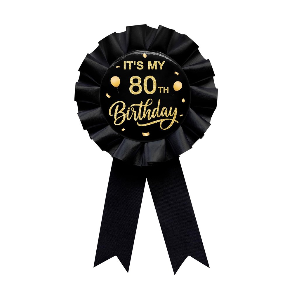 It's My 80th Birthday Tinplate Badge Pin Black Satin Fabric 80 Year Old Birthday Themed Button Pin Party Decorations Award Ribbon Badge