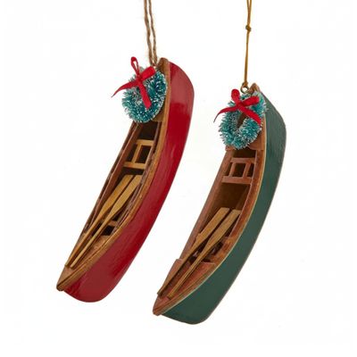 Wooden Canoe With Wreath Ornaments, 2 Assorted