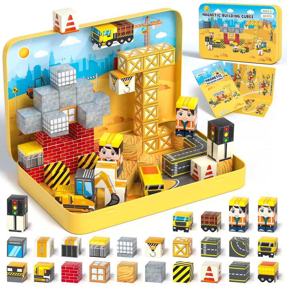 Axirata 60PCS Mini Magnetic Blocks Travel Set for Kids, Mini Magnetic Tiles Building Cubes with Portable Iron Box, STEM Construction Sensory Toy for Toddler Boys Girls Age 3-5 4-8 8-12+
