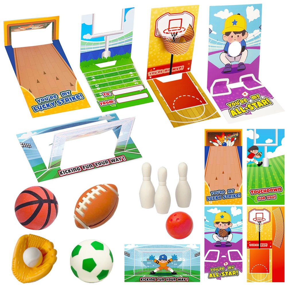 30 Pcs Valentines Cards for Kids with Sports Ball Erasers, 5 Design Valentine Sports Erasers with Valentines Cards, Kids Valentines Classroom Exchange Prizes Party Favor, Boys Valentines Gift