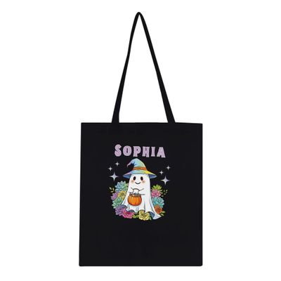 Personalized Cute Halloween Tote Bag for Girls - Custom Trick-or-Treating Canvas Bag with Iridescent Ghost Design
