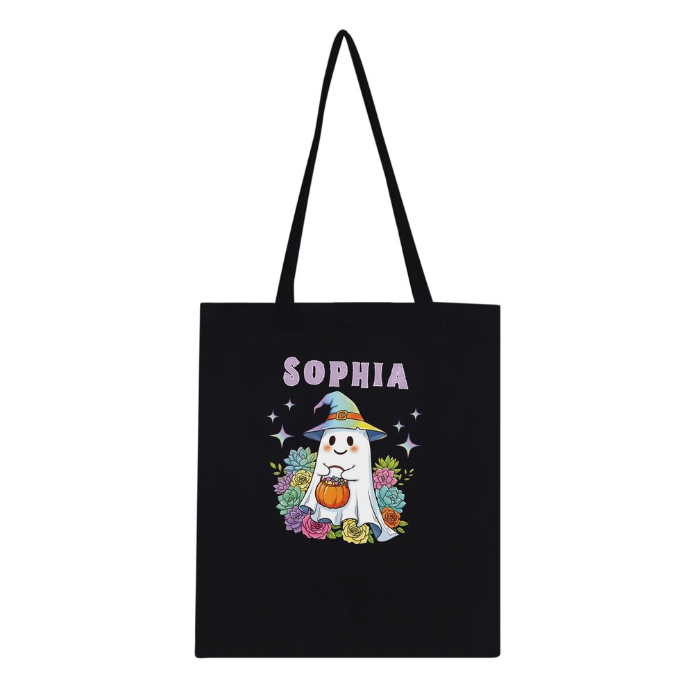 Personalized Cute Halloween Tote Bag for Girls - Custom Trick-or-Treating Canvas Bag with Iridescent Ghost Design