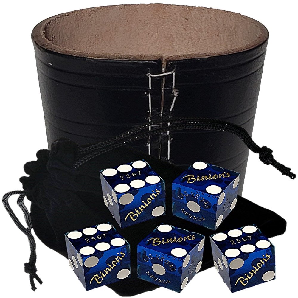 Authentic Casino Dice w/Pouch + Genuine Leather Cup Wide Opening (No Lining Natural, Lake Vegas Binion's Blue Polished)
