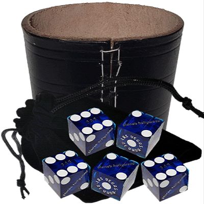 Authentic Casino Dice w/Pouch + Genuine Leather Cup Wide Opening (No Lining Natural, Las Vegas Planet Hollywood Blue Polished)