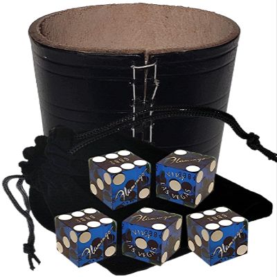 Authentic Casino Dice w/Pouch + Genuine Leather Cup Wide Opening (No Lining Natural, Las Vegas Flamingo Blue Polished)