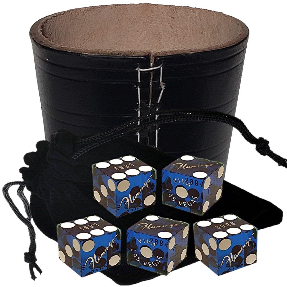 Authentic Casino Dice w/Pouch + Genuine Leather Cup Wide Opening (No Lining Natural, Las Vegas Flamingo Blue Polished)
