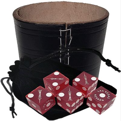 Authentic Casino Dice w/Pouch + Genuine Leather Cup Wide Opening (No Lining Natural, Las Vegas Stratosphere Red Frosted)