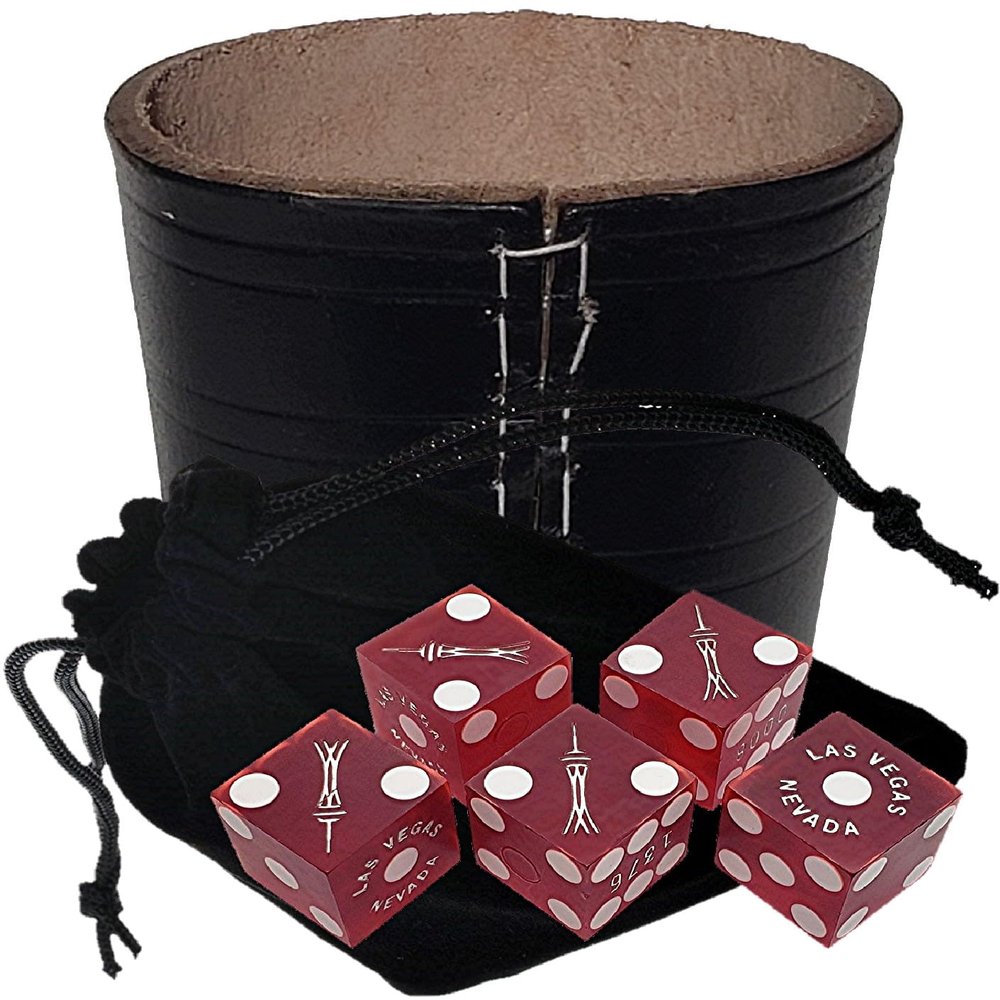Authentic Casino Dice w/Pouch + Genuine Leather Cup Wide Opening (No Lining Natural, Las Vegas Stratosphere Red Frosted)