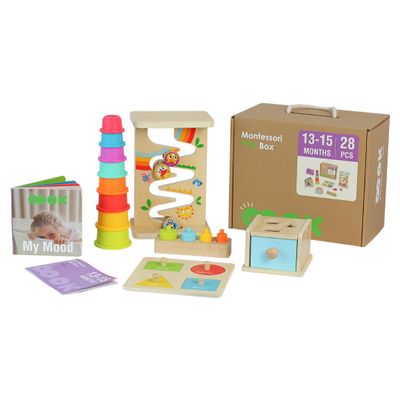 Baby Academy Books Montessori Play Box for 1318 Month 28 Piece Wooden Learning Toy Set with Stacking Cups, Shape Sorter, Object Permanence Toy & Sensory Activities