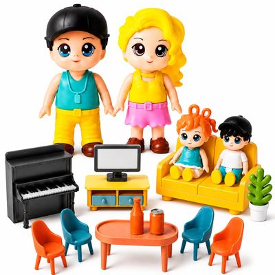 FUNERICA Dollhouse Family People Figures with Miniature Dollhouse Furniture and Accessories (Living & Dining Family Set)