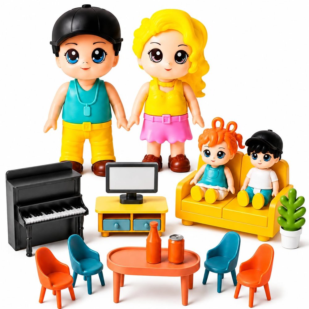 FUNERICA Dollhouse Family People Figures with Miniature Dollhouse Furniture and Accessories (Living & Dining Family Set)