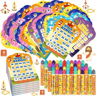 Eersida 192 Pack Easter Bible Bingo Game Cards and 0.4 oz Dot Daubers Set Includes 144 Bingo Cards and 48 Dot Markers Game Supplies Set for Christian Sunday School Gift Family Casino Night Supplies