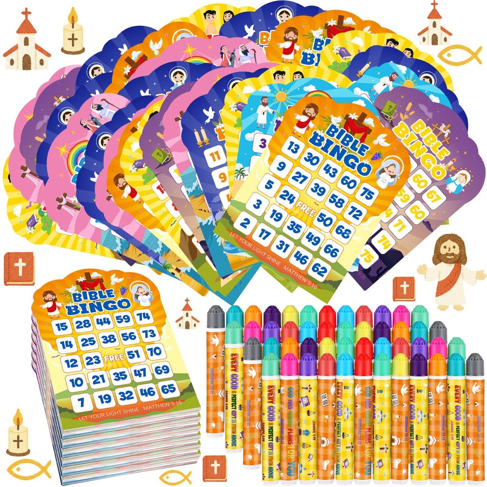Eersida 192 Pack Easter Bible Bingo Game Cards and 0.4 oz Dot Daubers Set Includes 144 Bingo Cards and 48 Dot Markers Game Supplies Set for Christian Sunday School Gift Family Casino Night Supplies