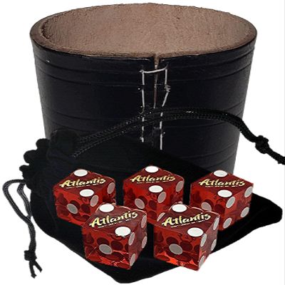Authentic Casino Dice w/Pouch + Genuine Leather Cup Wide Opening (No Lining Natural, Reno Atlantis Red Polished)
