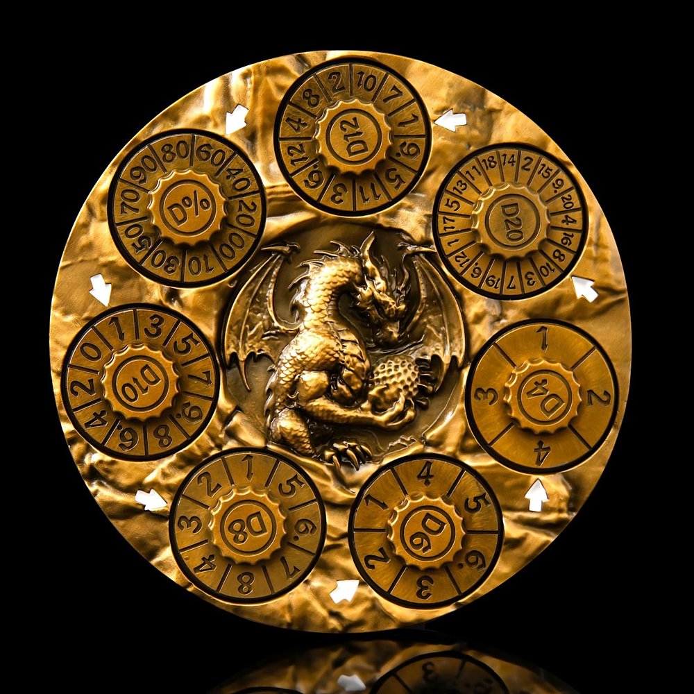 7-in-1 Spinner Dice Set  3D Metal Dragon-Embossed Polyhedral RPG Accessory Role Playing Dice for Dungeons & Dragons, Pathfinder, RPG and Tabletop Games (D4, D6, D8, D10, D%, D12, D20) Gold