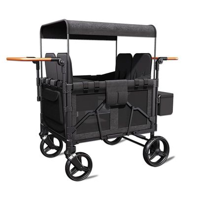 GEHPYYDS 4 Seater Wagon,Collapsible Stroller Wagon,Wa-gon Cart Featuring 4 High Seat with 5-Point Harnesses, Sunshade and Side Pockets, Push Bar Wa-gon Stroller for 0-6 Years Black