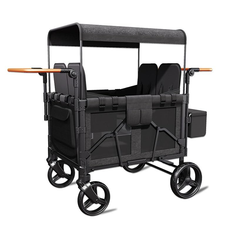 GEHPYYDS 4 Seater Wagon,Collapsible Stroller Wagon,Wa-gon Cart Featuring 4 High Seat with 5-Point Harnesses, Sunshade and Side Pockets, Push Bar Wa-gon Stroller for 0-6 Years Black