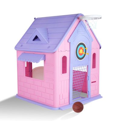 Outdoor Play House for Kids, Kids Playhouse Outdoor Indoor Cottage Toddler Playhouse with Basketball Hoop, Soccer Net, Ring-Toss