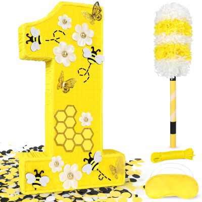 25" Large Number 1 Pinata - Includes 24" Bat Stick, Eye Mask, Rope | Queen Bee Pinatas with Butterfly, Daisy, Bumblebee Themed Party Supplies and Decorations, Kids First Birthday Party Dcor