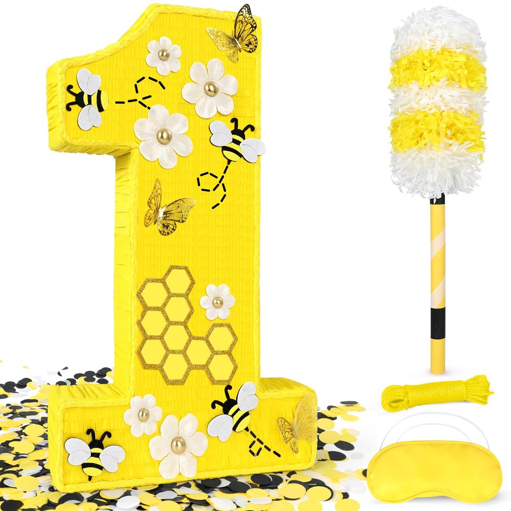 25" Large Number 1 Pinata - Includes 24" Bat Stick, Eye Mask, Rope | Queen Bee Pinatas with Butterfly, Daisy, Bumblebee Themed Party Supplies and Decorations, Kids First Birthday Party Dcor