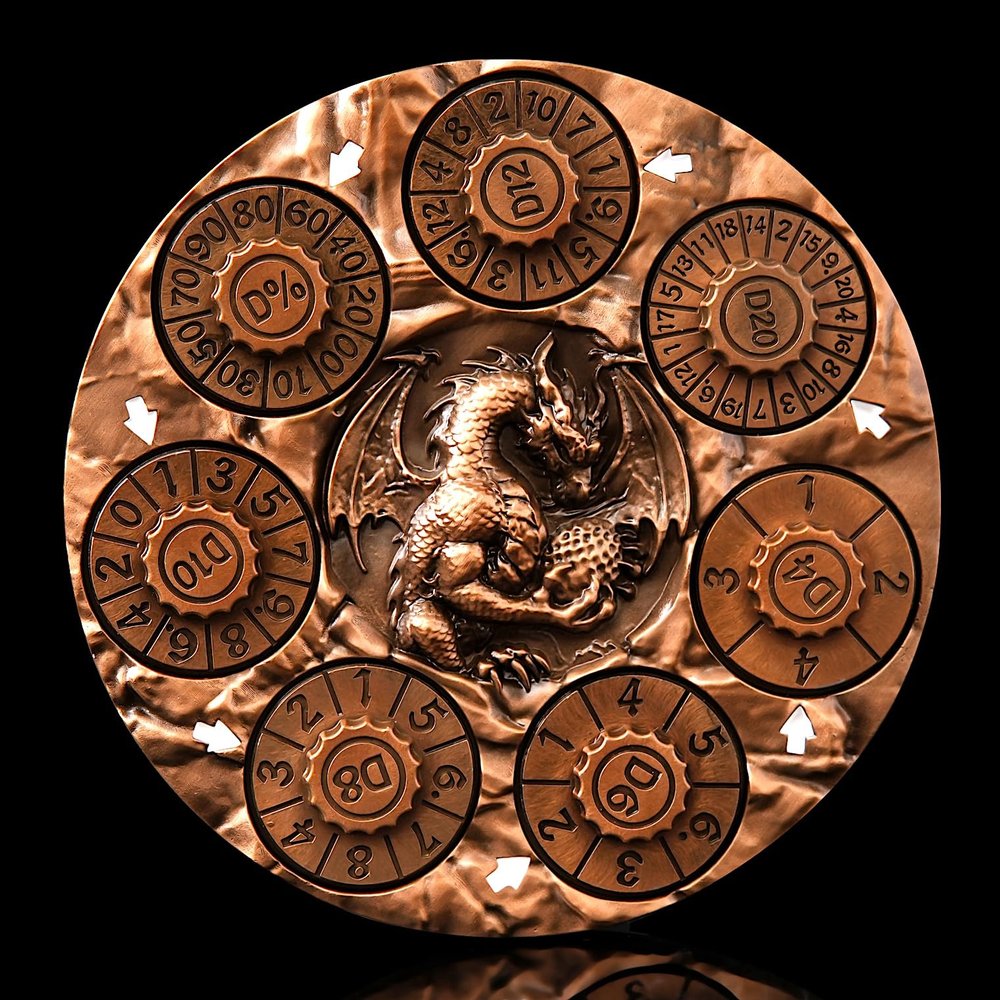7-in-1 Spinner Dice Set  3D Metal Dragon-Embossed Polyhedral RPG Accessory Role Playing Dice for Dungeons & Dragons, Pathfinder, RPG and Tabletop Games (D4, D6, D8, D10, D%, D12, D20) Copper