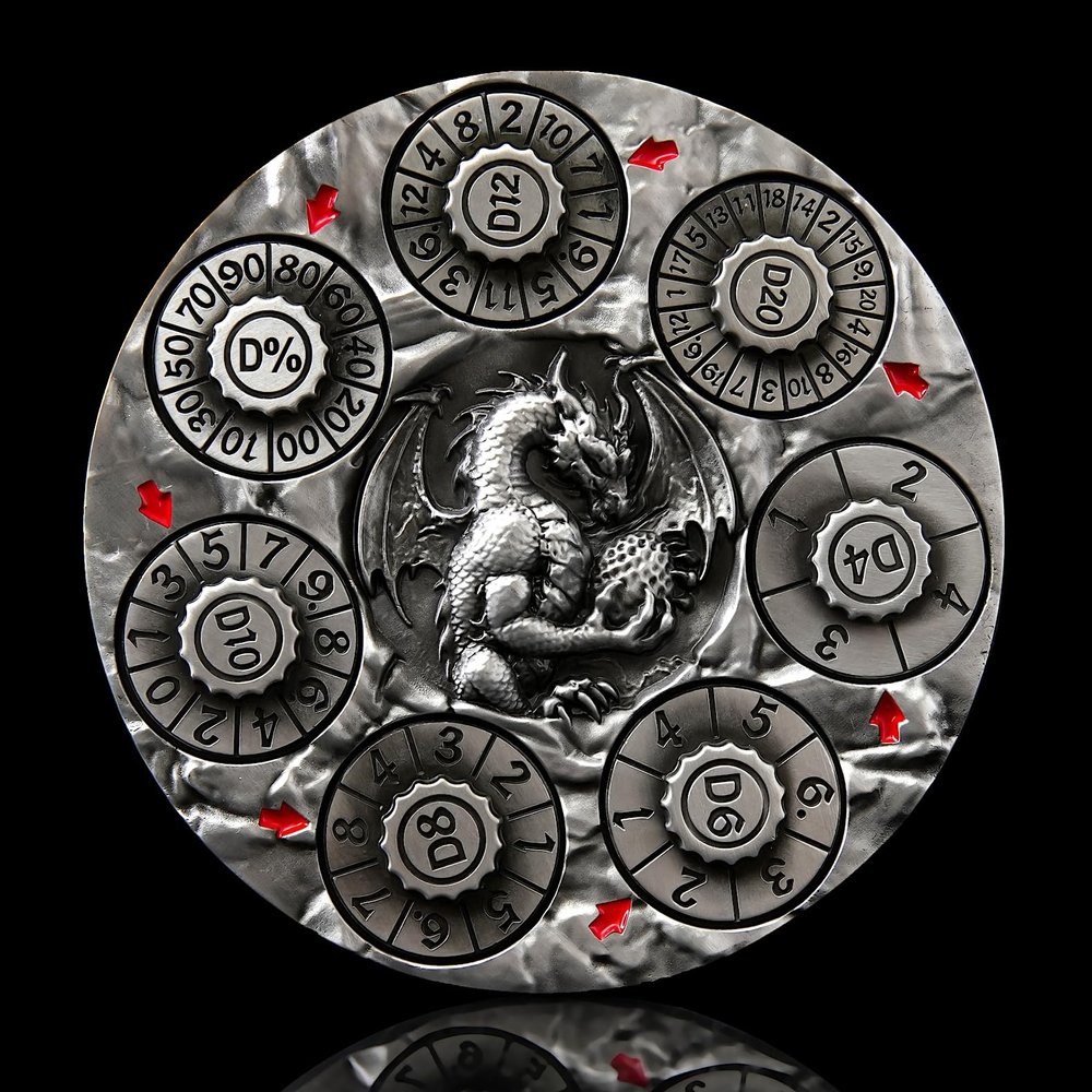 7-in-1 Spinner Dice Set  3D Metal Dragon-Embossed Polyhedral RPG Accessory Role Playing Dice for Dungeons & Dragons, Pathfinder, RPG and Tabletop Games (D4, D6, D8, D10, D%, D12, D20) Sliver